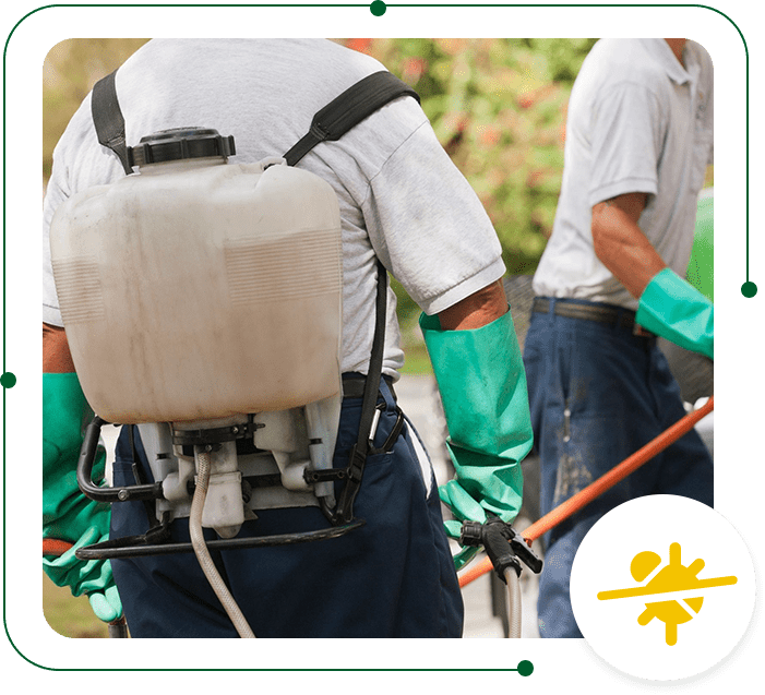 A group of people wearing green gloves and carrying equipment.